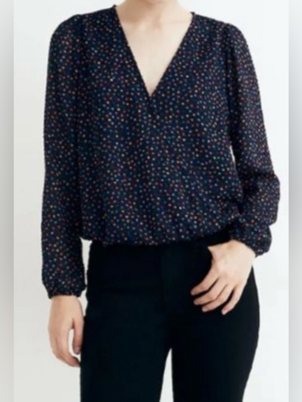Madewell Wrap Front Navy V-Neck Long-Sleeve Dot Print Blouse